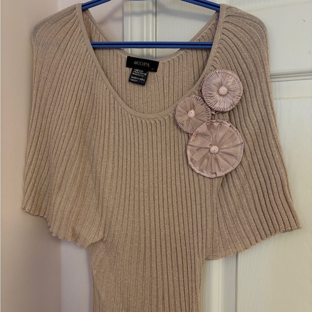 Kopa Beige Ribbed Top with Floral Accents